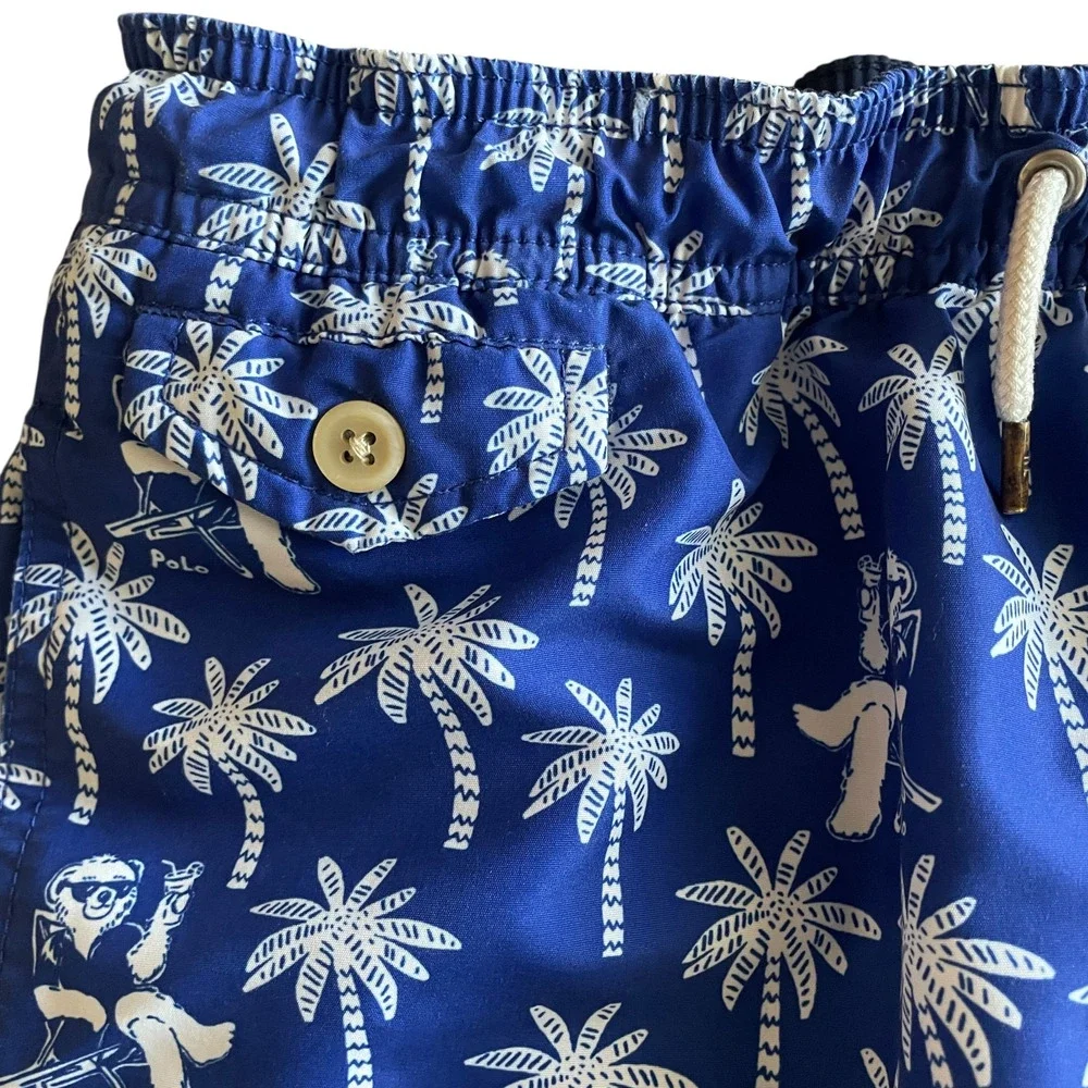 RALPH LAUREN Mens Size XS-S Blue Traveler POLO Bear Palm Trees Swim Trunks